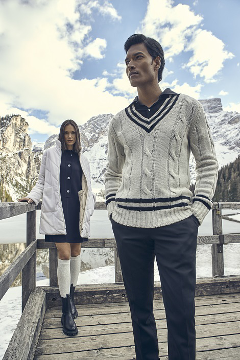Man: eco cashmere cabled v neck / Lady: cashmere blend reversible eco down jacket and full milano knit dress